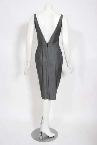 1997 Alexander McQueen Sharkskin Wool Hourglass Gray Dress w/ Jacket