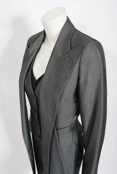 1997 Alexander McQueen Sharkskin Wool Hourglass Gray Dress w/ Jacket