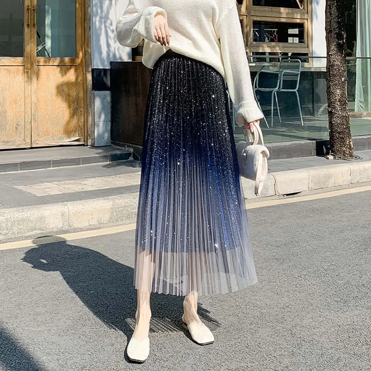Autumn and Winter Gradient Starry Sky Shiny Silk Pink Mesh Hem Skirt A Line Pleated Midi Skirt Women Anime Skirt