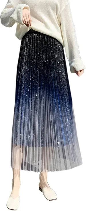 Autumn and Winter Gradient Starry Sky Shiny Silk Pink Mesh Hem Skirt A Line Pleated Midi Skirt Women Anime Skirt