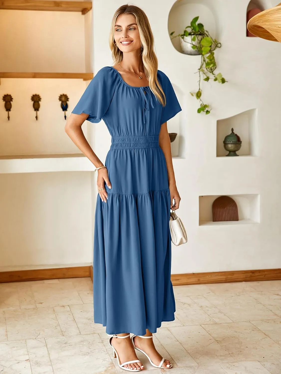 BerryGo Women Casual Summer Dress 2025 Short Sleeve Drawstring Flowy Maxi Long Dresses with Pockets