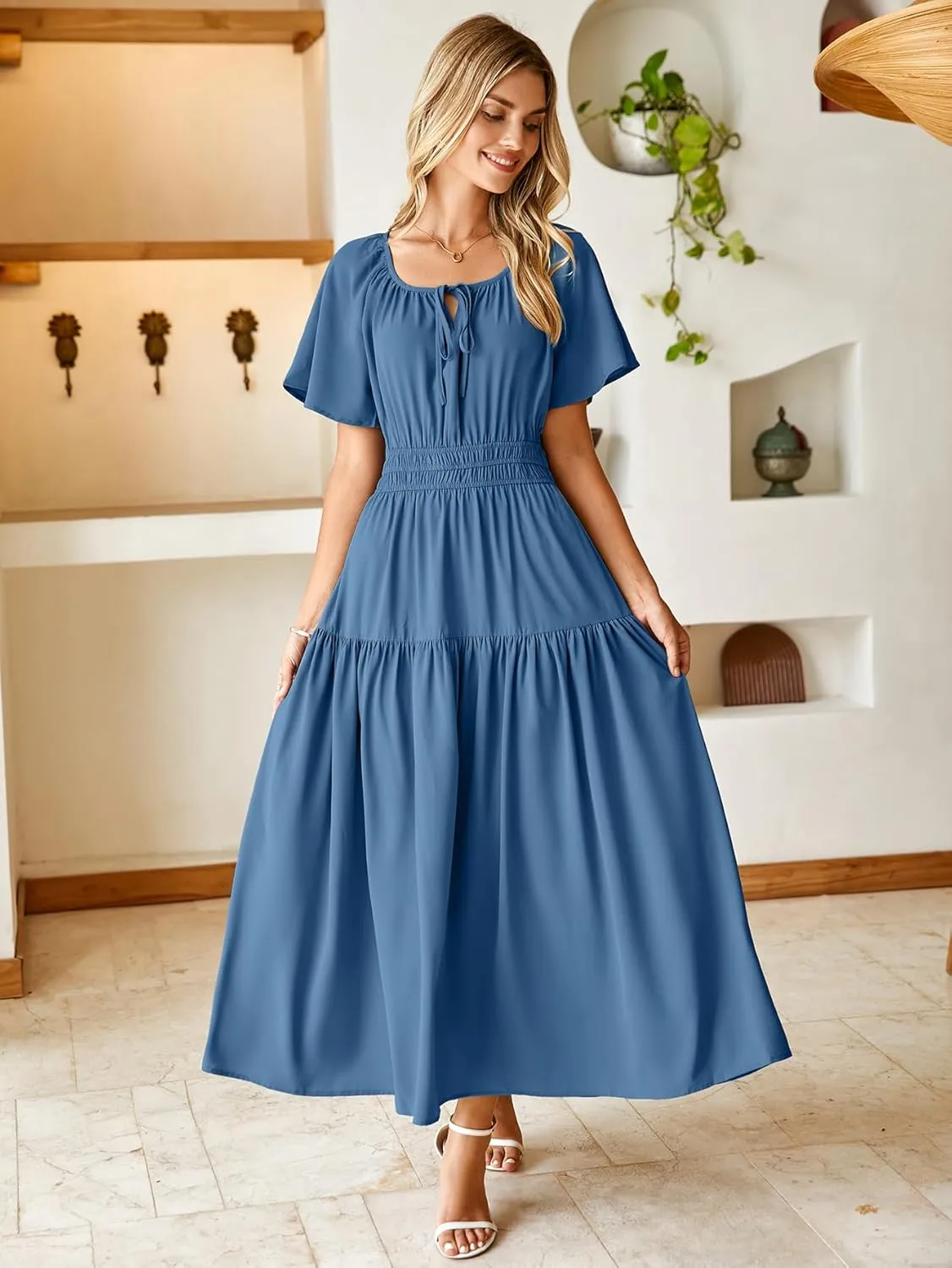BerryGo Women Casual Summer Dress 2025 Short Sleeve Drawstring Flowy Maxi Long Dresses with Pockets