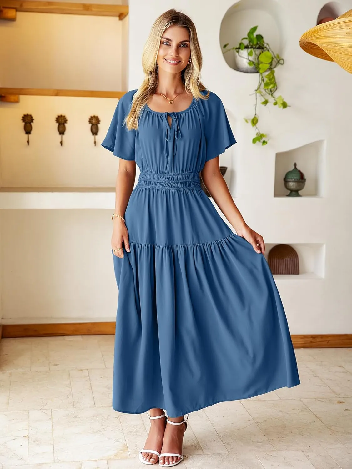 BerryGo Women Casual Summer Dress 2025 Short Sleeve Drawstring Flowy Maxi Long Dresses with Pockets