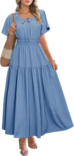 BerryGo Women Casual Summer Dress 2025 Short Sleeve Drawstring Flowy Maxi Long Dresses with Pockets