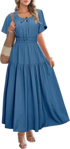 BerryGo Women Casual Summer Dress 2025 Short Sleeve Drawstring Flowy Maxi Long Dresses with Pockets