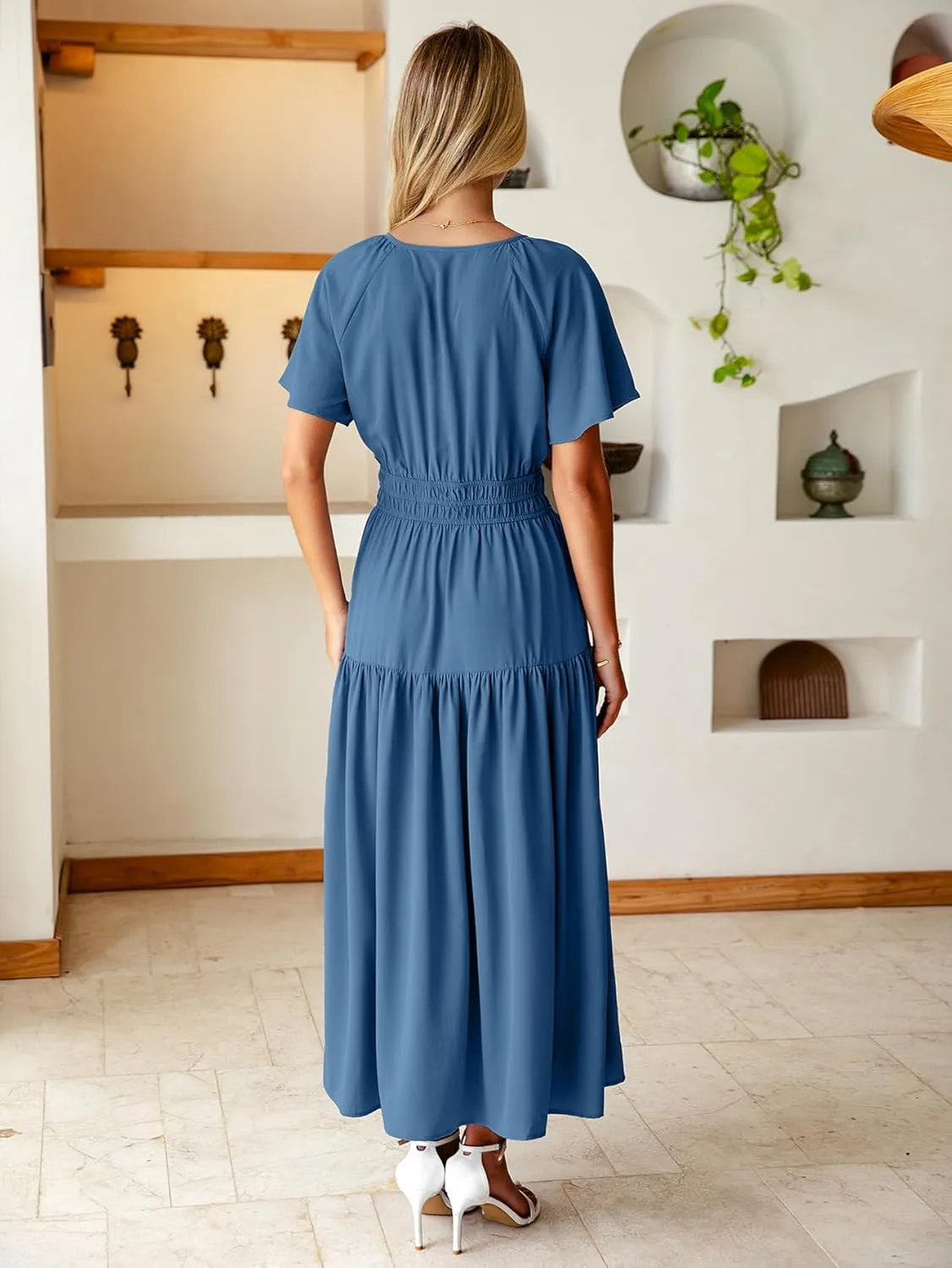 BerryGo Women Casual Summer Dress 2025 Short Sleeve Drawstring Flowy Maxi Long Dresses with Pockets