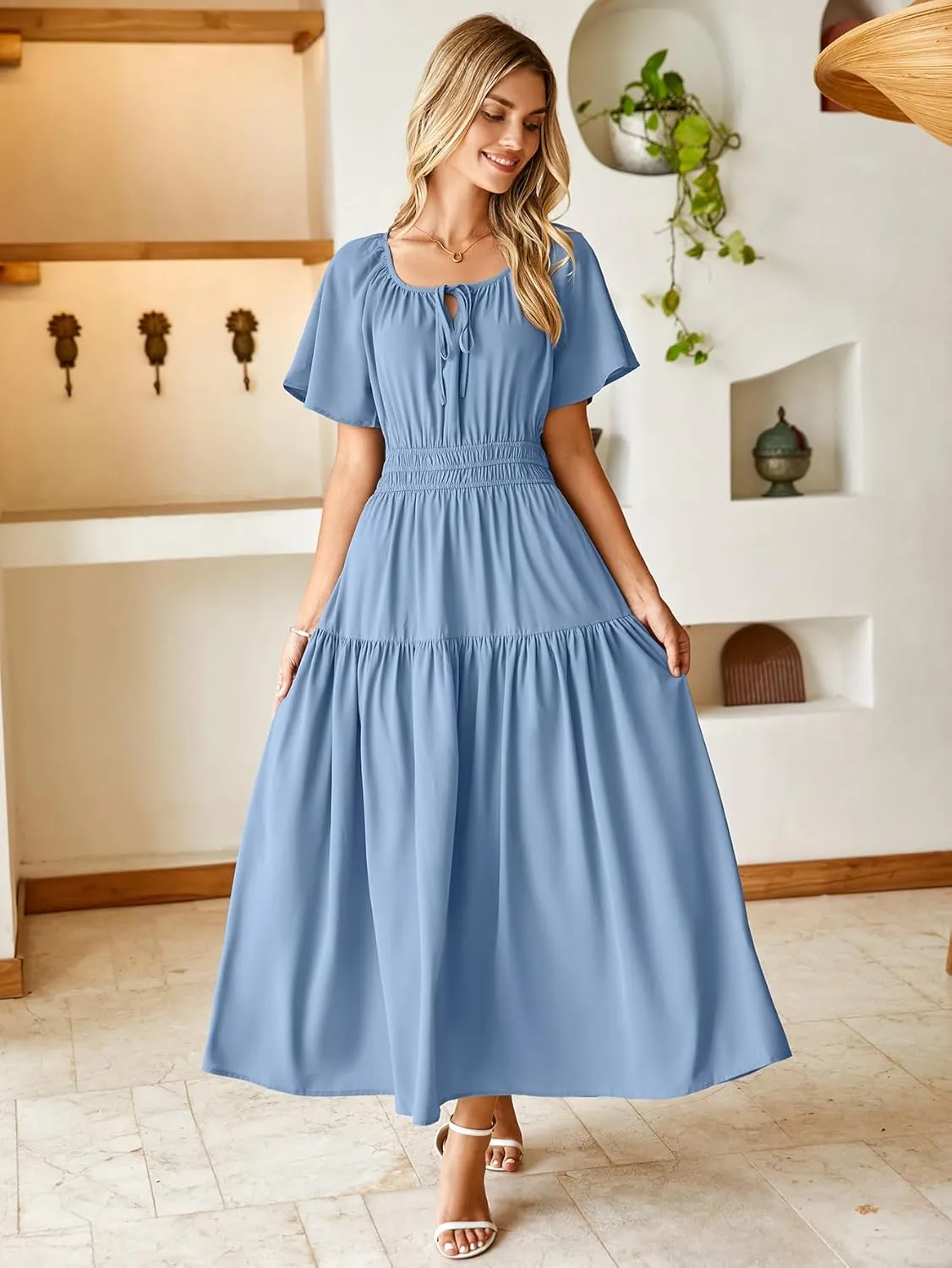 BerryGo Women Casual Summer Dress 2025 Short Sleeve Drawstring Flowy Maxi Long Dresses with Pockets