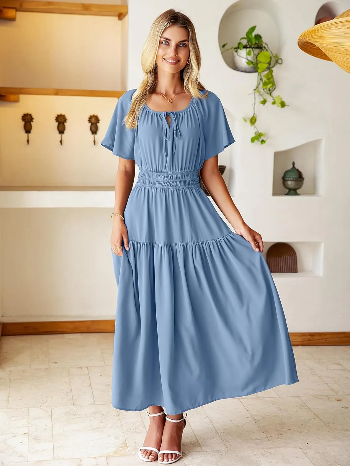 BerryGo Women Casual Summer Dress 2025 Short Sleeve Drawstring Flowy Maxi Long Dresses with Pockets