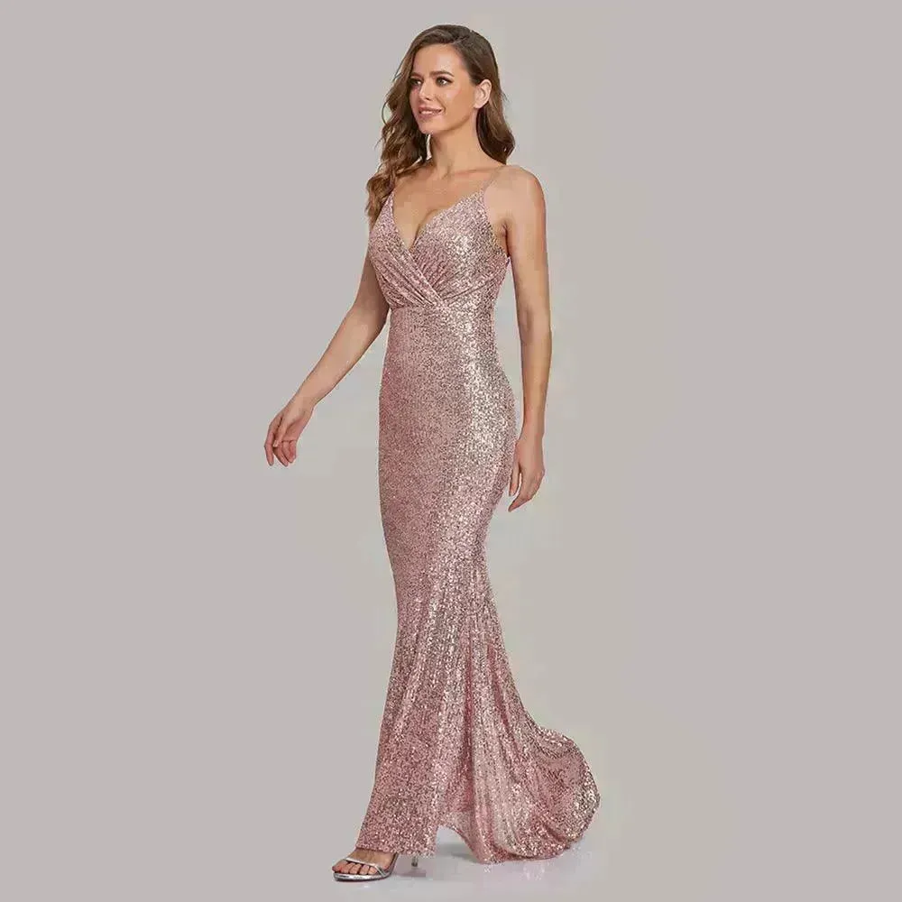 Body Fitted Wedding Bridesmaid Party Sequined Champagne lovely Long Dress