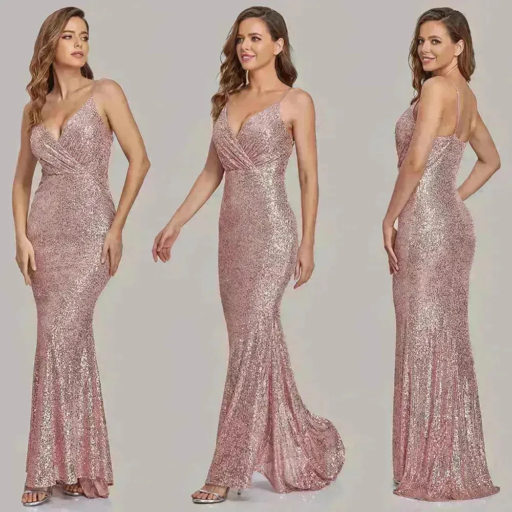 Body Fitted Wedding Bridesmaid Party Sequined Champagne lovely Long Dress