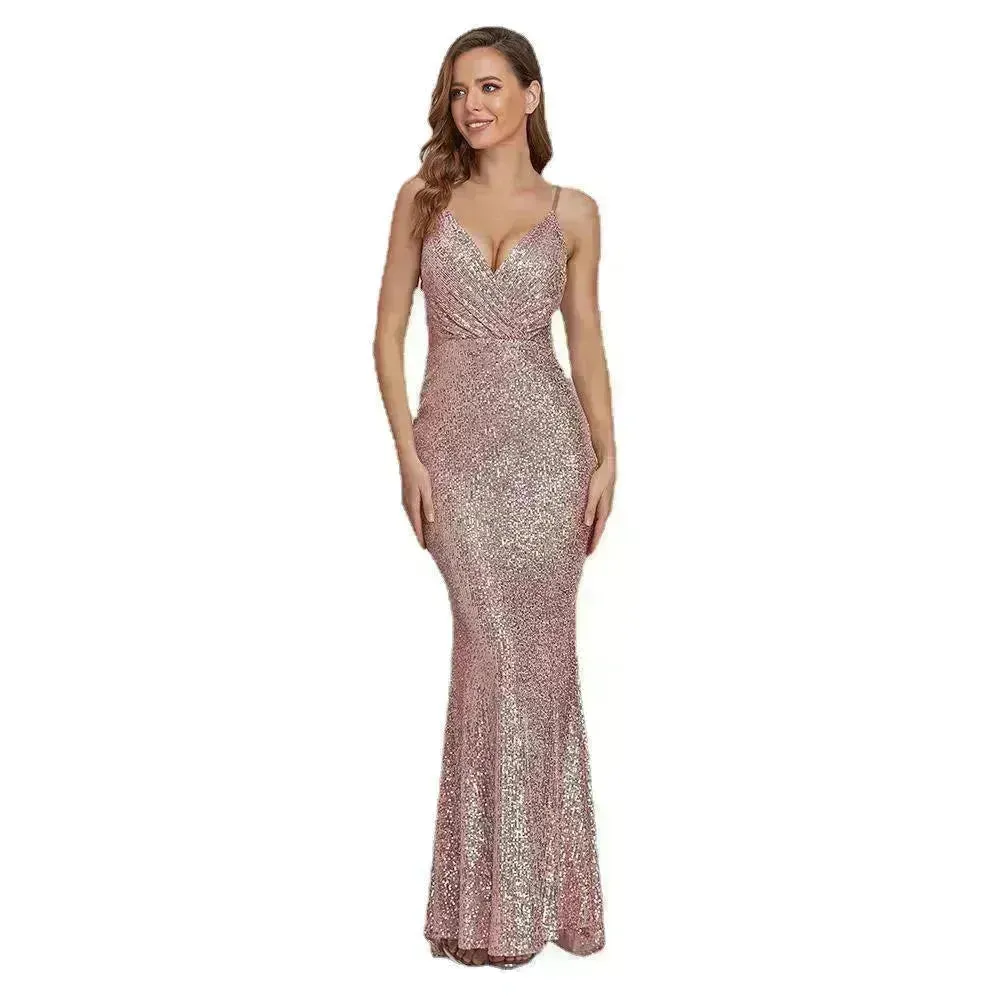 Body Fitted Wedding Bridesmaid Party Sequined Champagne lovely Long Dress
