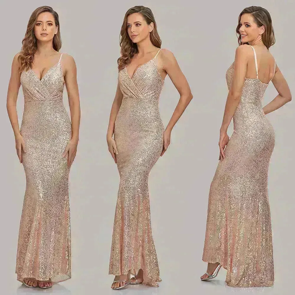Body Fitted Wedding Bridesmaid Party Sequined Champagne lovely Long Dress
