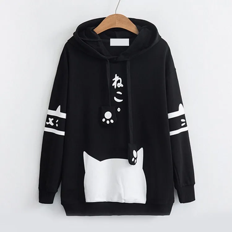 Cat Ear Paw Drawstring Letter Hoodie