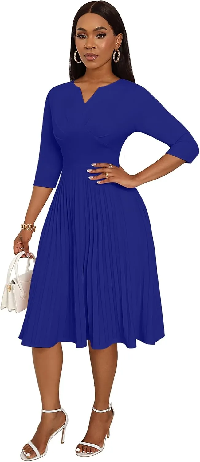 CLOCOR Midi Dresses for Women Casual Wrap Flared Pleated Dress A Line 3/4 Sleeve V Neck Church Cocktail Wedding Guest Dress