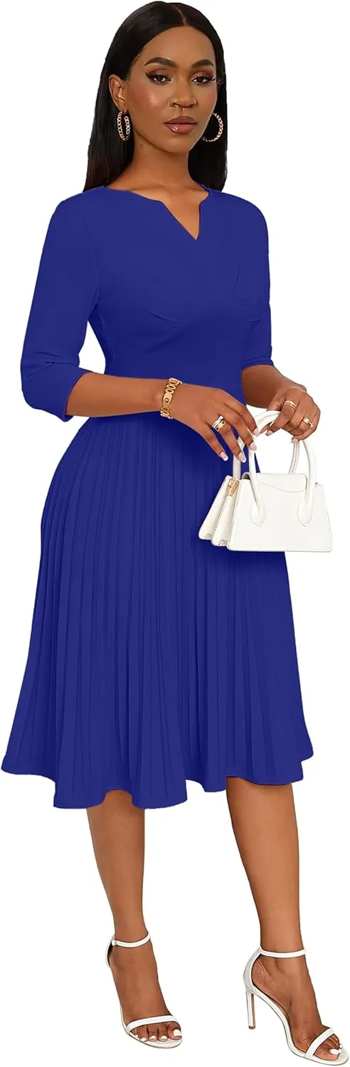 CLOCOR Midi Dresses for Women Casual Wrap Flared Pleated Dress A Line 3/4 Sleeve V Neck Church Cocktail Wedding Guest Dress