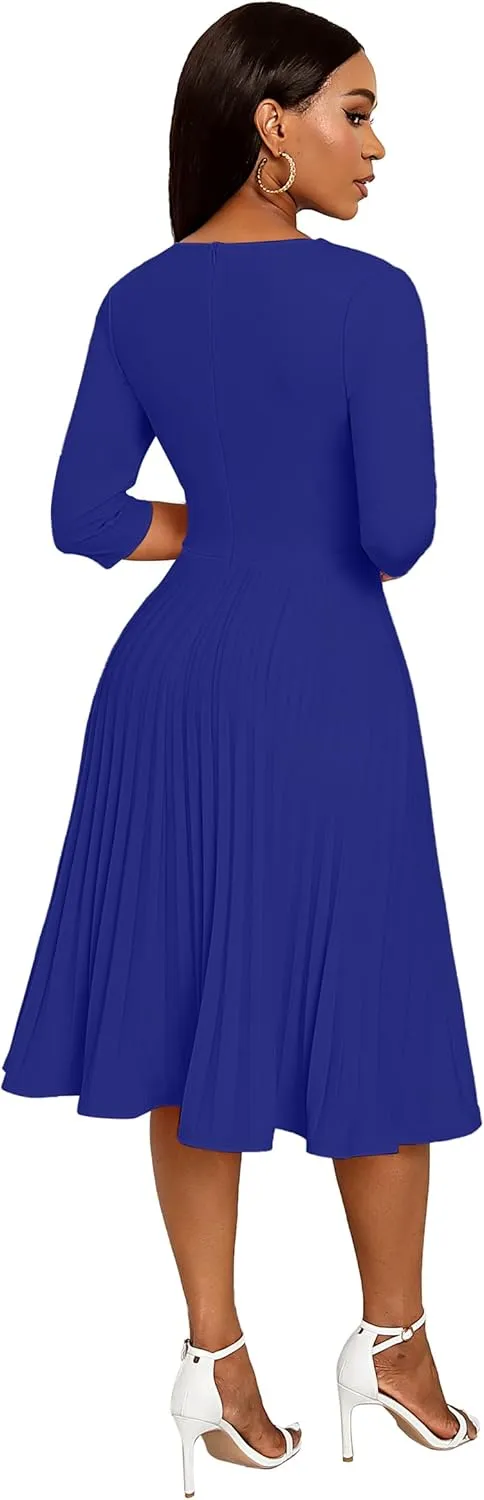 CLOCOR Midi Dresses for Women Casual Wrap Flared Pleated Dress A Line 3/4 Sleeve V Neck Church Cocktail Wedding Guest Dress