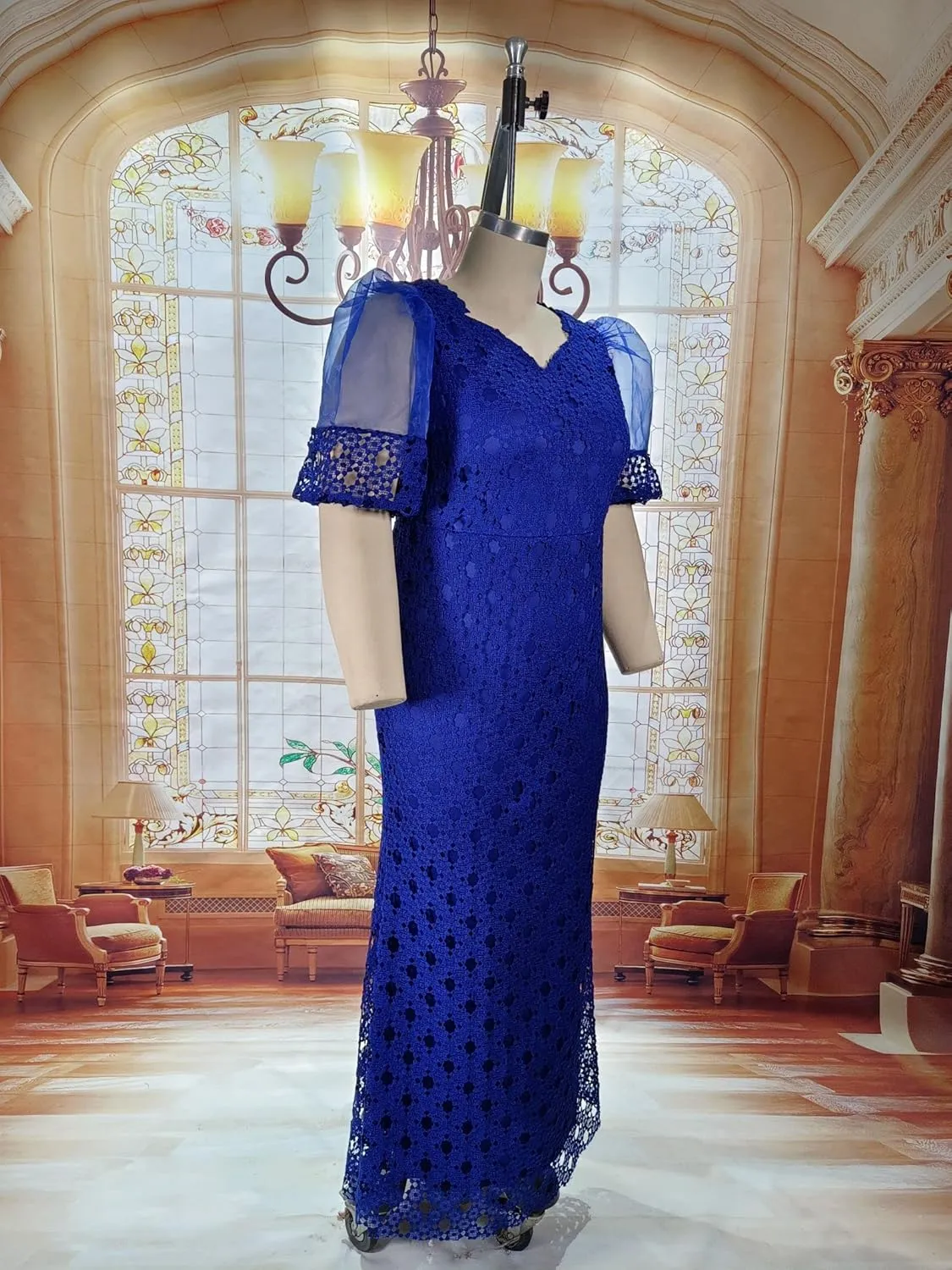 Cololura Elegant Plus Size Lantern Sleeve Hollow Bodycon Formal Gown Maxi Dress