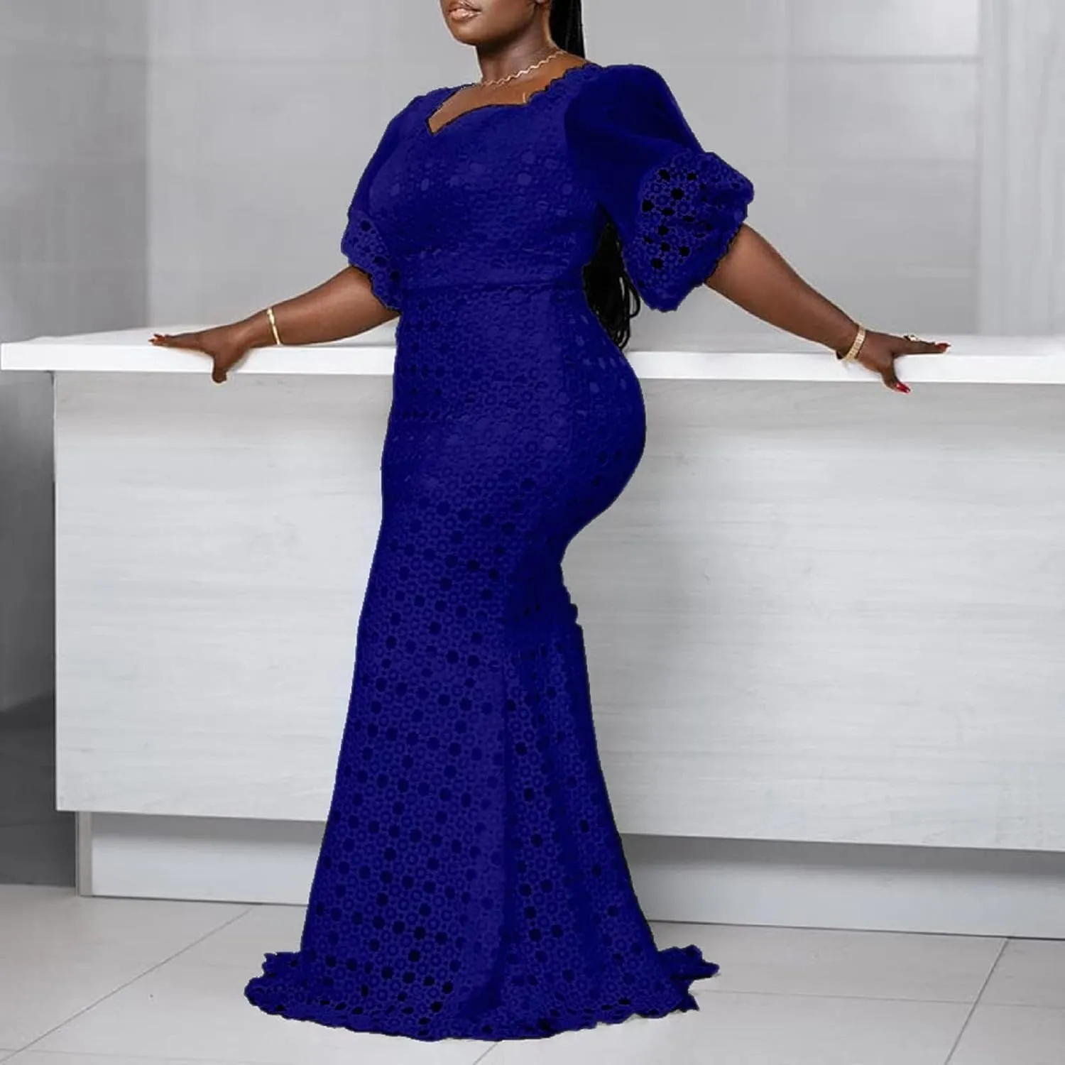Cololura Elegant Plus Size Lantern Sleeve Hollow Bodycon Formal Gown Maxi Dress