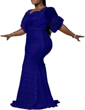 Cololura Elegant Plus Size Lantern Sleeve Hollow Bodycon Formal Gown Maxi Dress