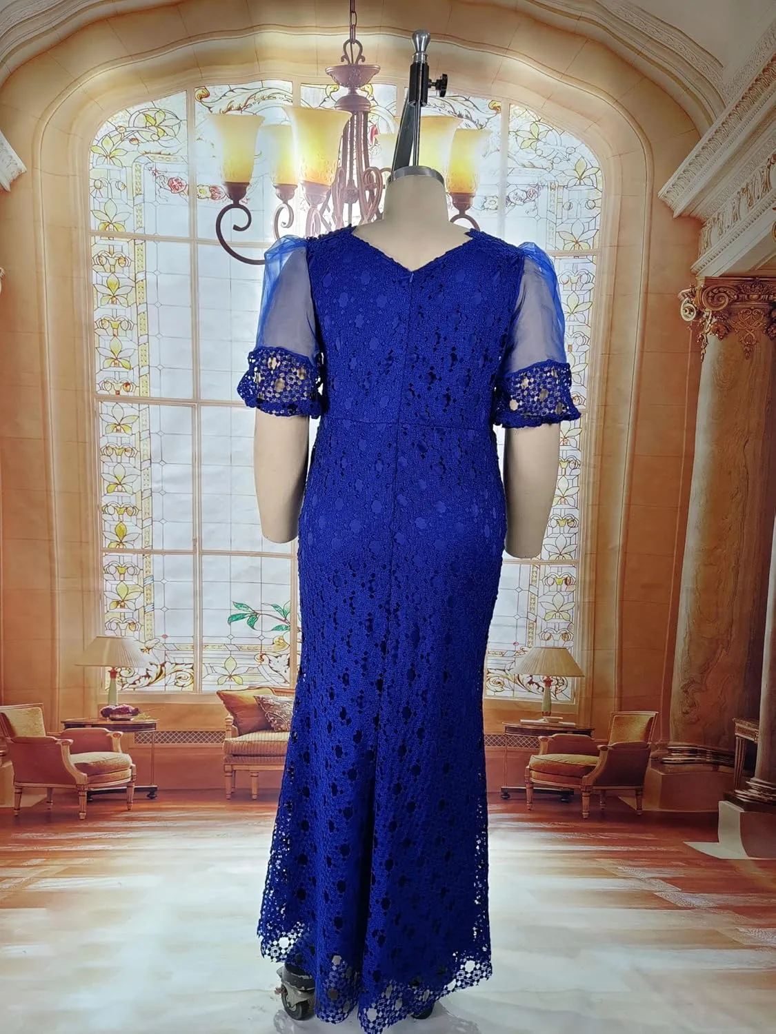 Cololura Elegant Plus Size Lantern Sleeve Hollow Bodycon Formal Gown Maxi Dress