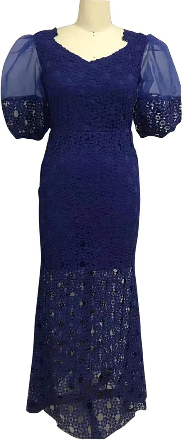 Cololura Elegant Plus Size Lantern Sleeve Hollow Bodycon Formal Gown Maxi Dress