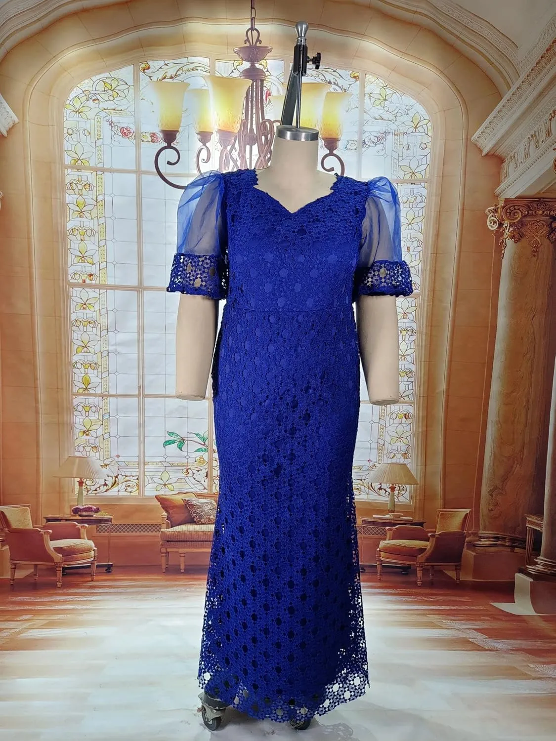 Cololura Elegant Plus Size Lantern Sleeve Hollow Bodycon Formal Gown Maxi Dress