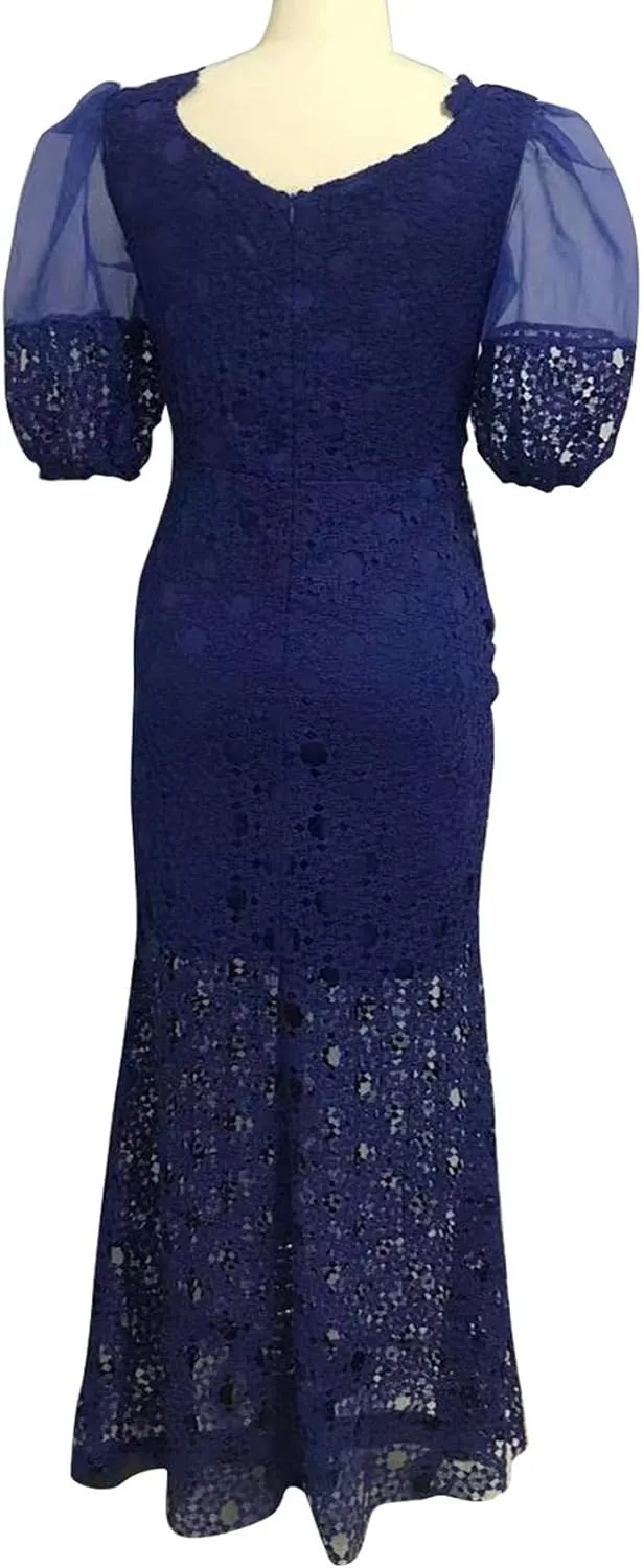 Cololura Elegant Plus Size Lantern Sleeve Hollow Bodycon Formal Gown Maxi Dress