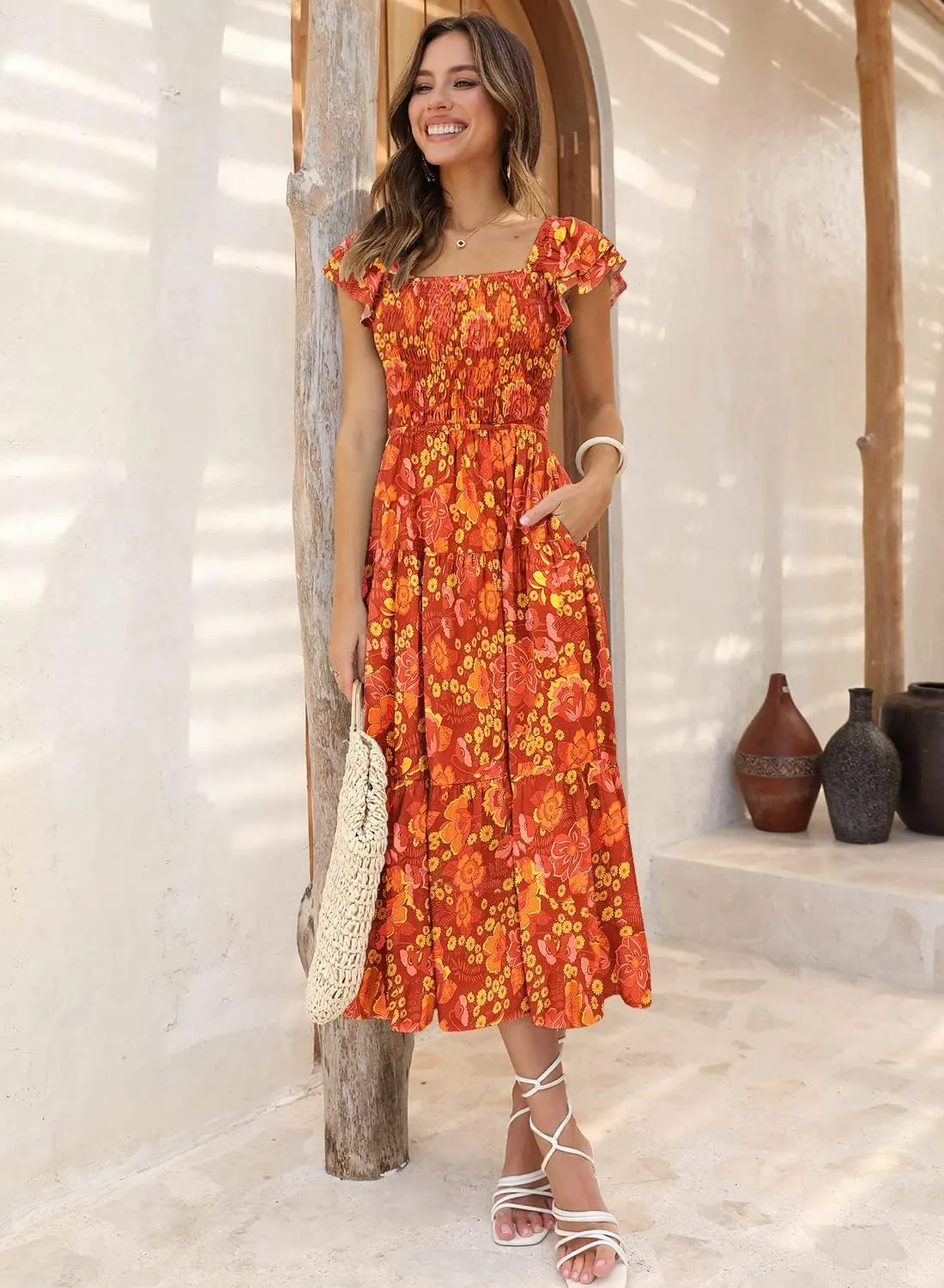 DOROSE Women's Summer Floral Dress Square Neck Smocked Boho Midi Dress Ruffle Tie Back Flowy Beach Long Tiered Dress