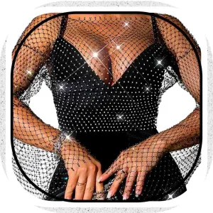 Fstrend Rhinestone Mesh Top Black Sparkly Fishnet Tops Long Sleeve Edm Festival Coachella Outfits for Women