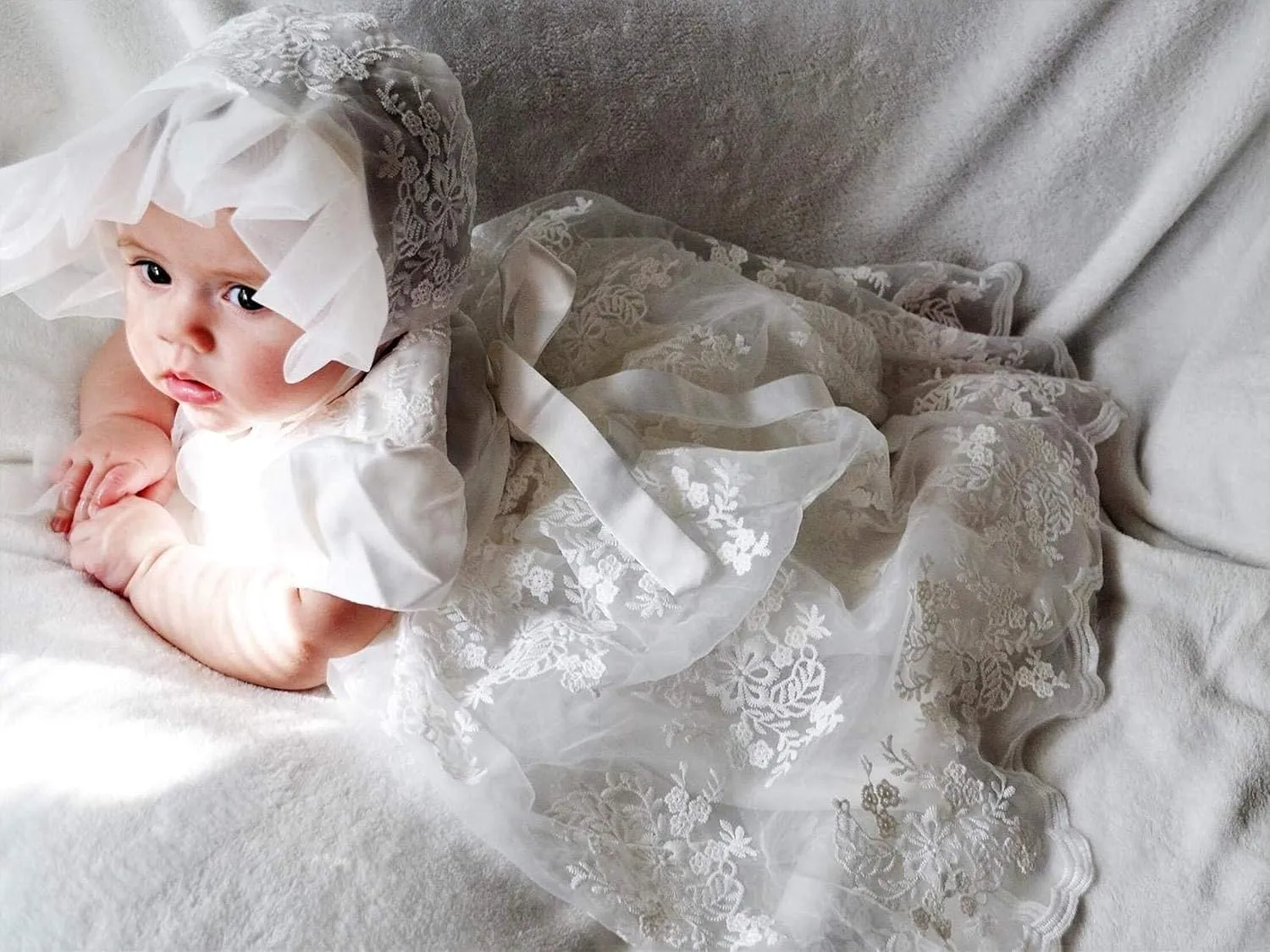 Glamulice Baby Girls Christening Baptism Dress Newborn Floral Embroidered Lace Dresses for Toddler