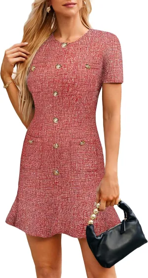 GRACE KARIN Womens Tweed Dress 2025 Summer Short Sleeve Button Bodycon Elegant Work Mini Dress Casual Dresses with Pocket
