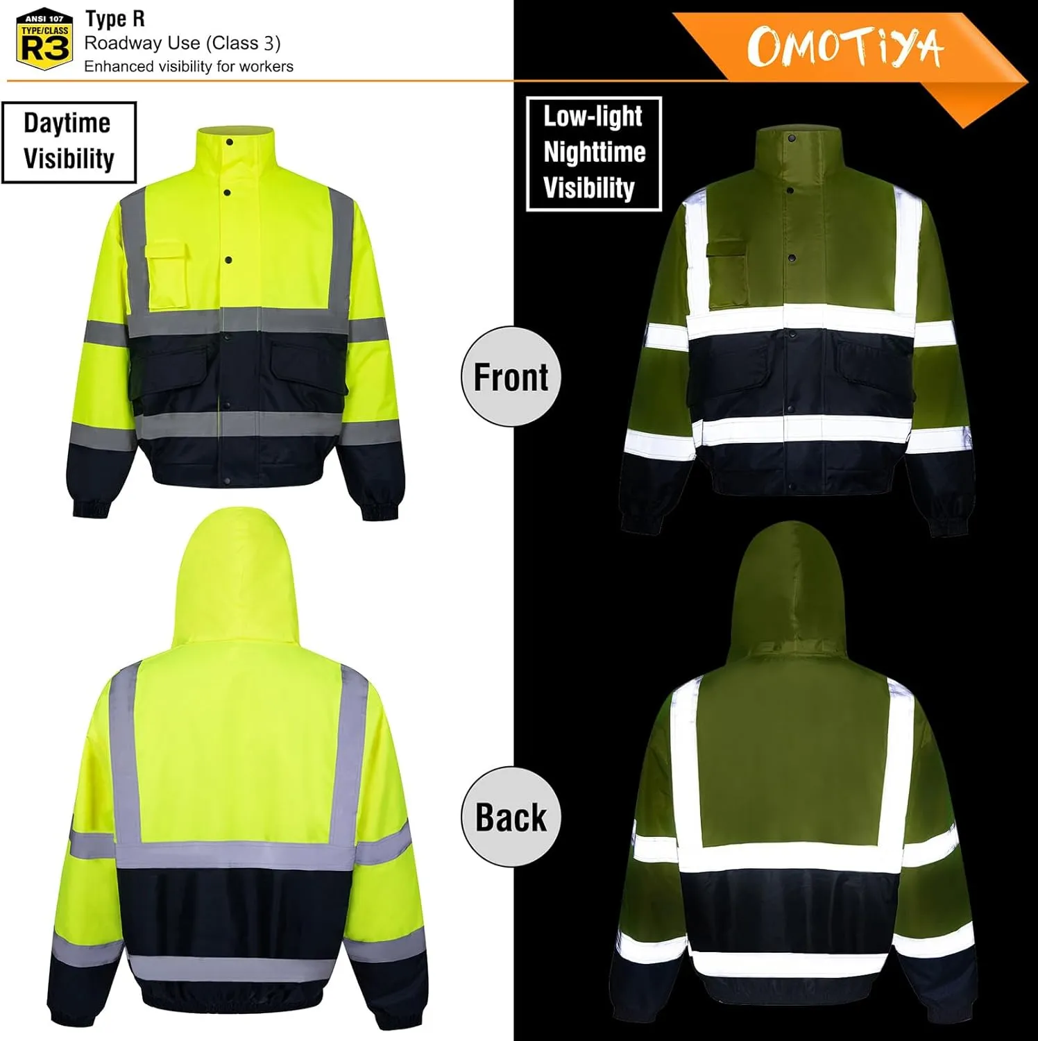 HI VIS Safety Hoodie Jacket for Men, Class 3 Reflective Hoodie with Pockets