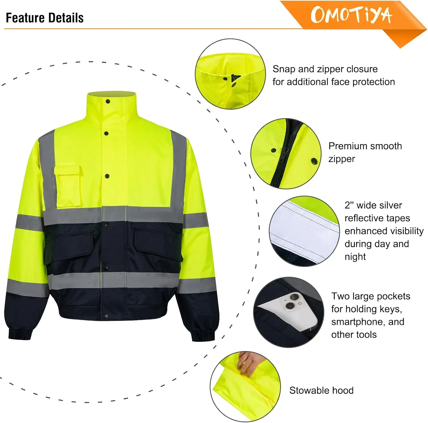 HI VIS Safety Hoodie Jacket for Men, Class 3 Reflective Hoodie with Pockets