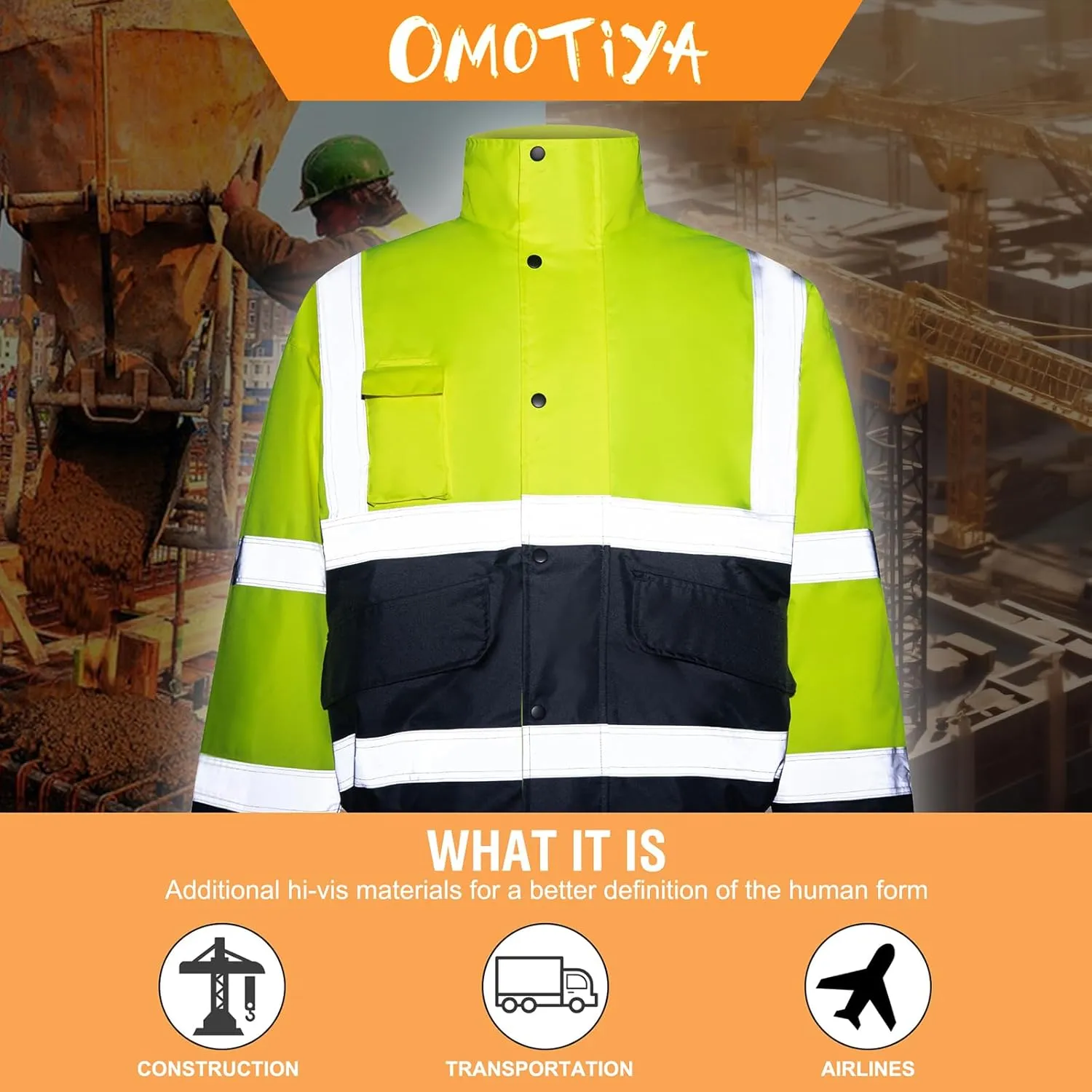 HI VIS Safety Hoodie Jacket for Men, Class 3 Reflective Hoodie with Pockets