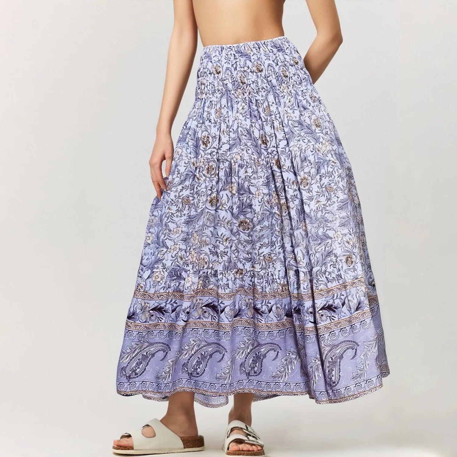 Long Skirts for Women Floral Boho Flowy Maxi Skirt Swing Tiered Midi Skirt Smocked Elastic High Waisted Skirts