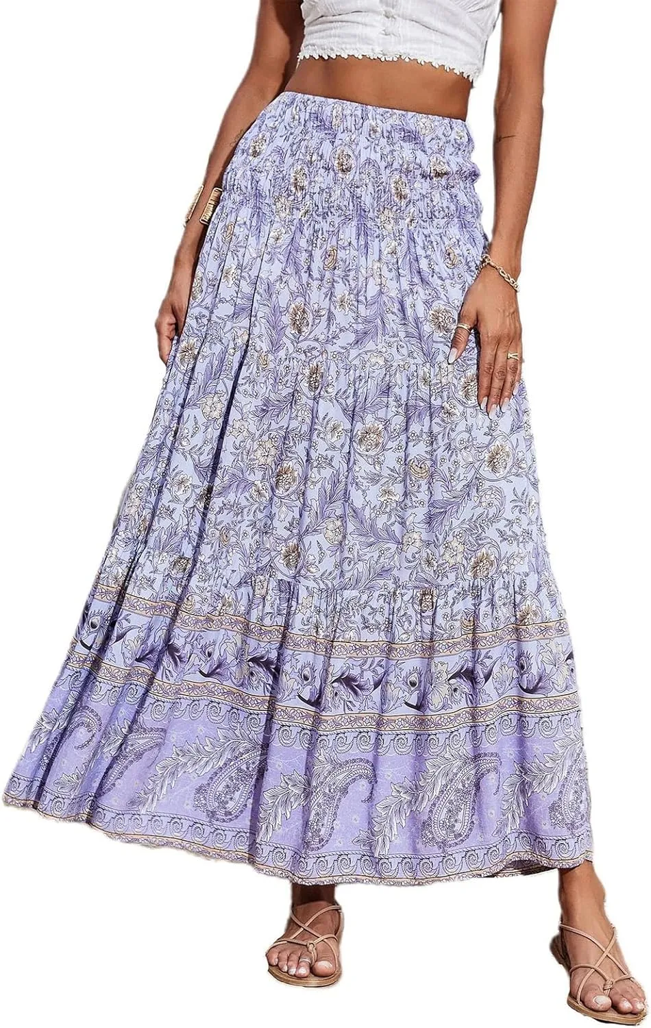 Long Skirts for Women Floral Boho Flowy Maxi Skirt Swing Tiered Midi Skirt Smocked Elastic High Waisted Skirts