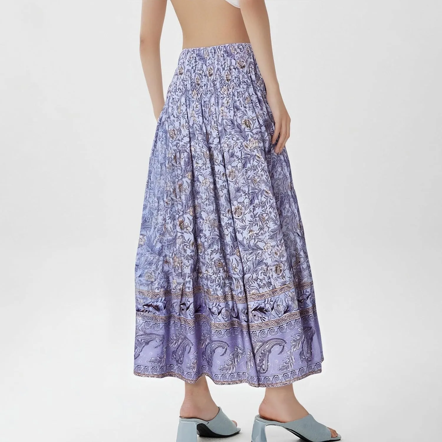 Long Skirts for Women Floral Boho Flowy Maxi Skirt Swing Tiered Midi Skirt Smocked Elastic High Waisted Skirts
