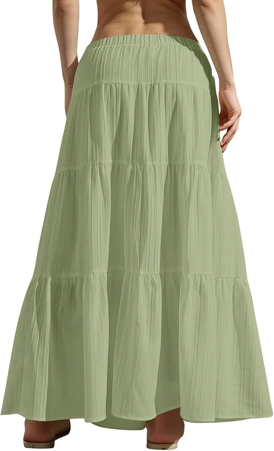 Maxi Skirts for Women Flowy Drawstring Elastic Waist Tiered Ruffle Hem Skort Summer Casual Solid Color A Line Skirt