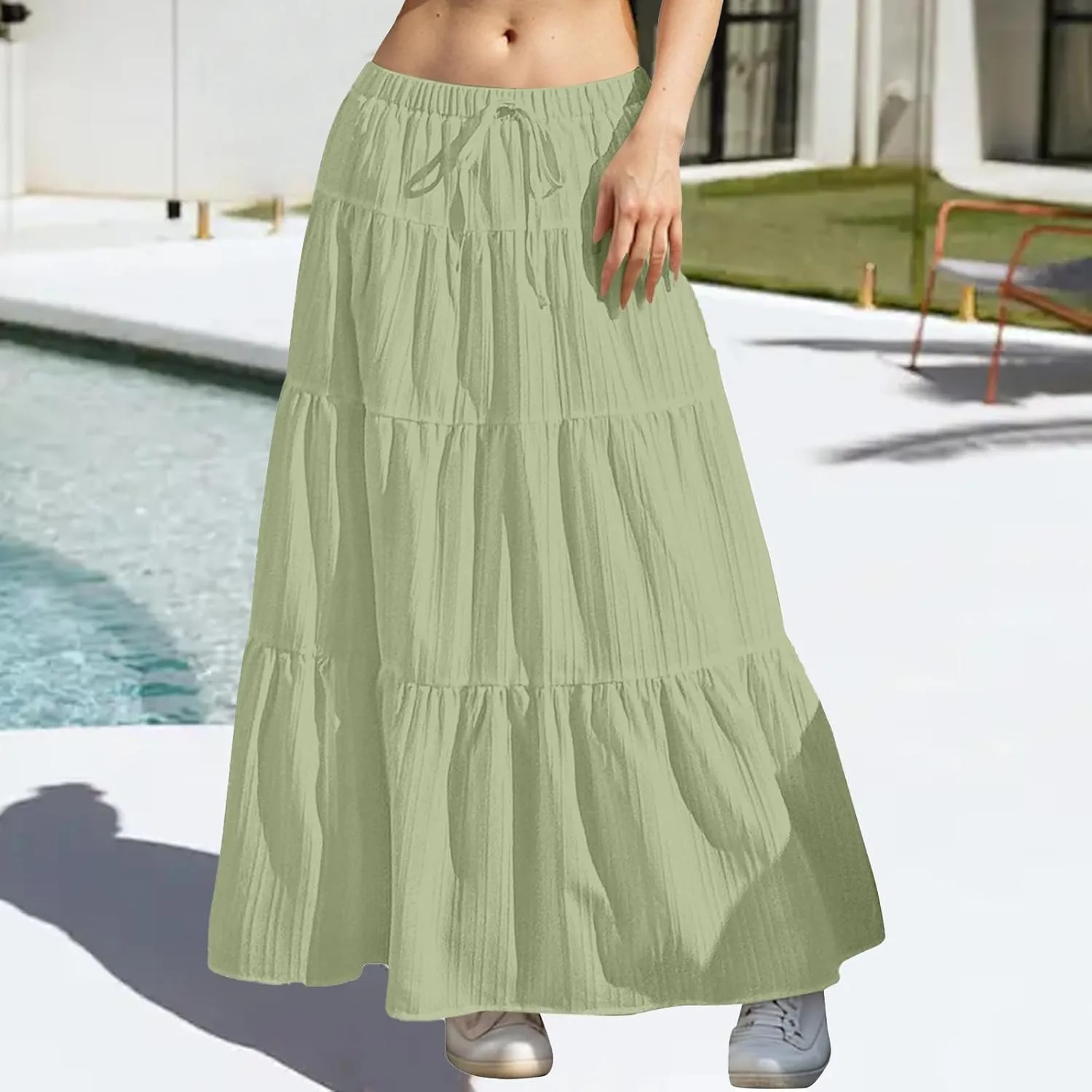 Maxi Skirts for Women Flowy Drawstring Elastic Waist Tiered Ruffle Hem Skort Summer Casual Solid Color A Line Skirt
