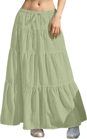 Maxi Skirts for Women Flowy Drawstring Elastic Waist Tiered Ruffle Hem Skort Summer Casual Solid Color A Line Skirt