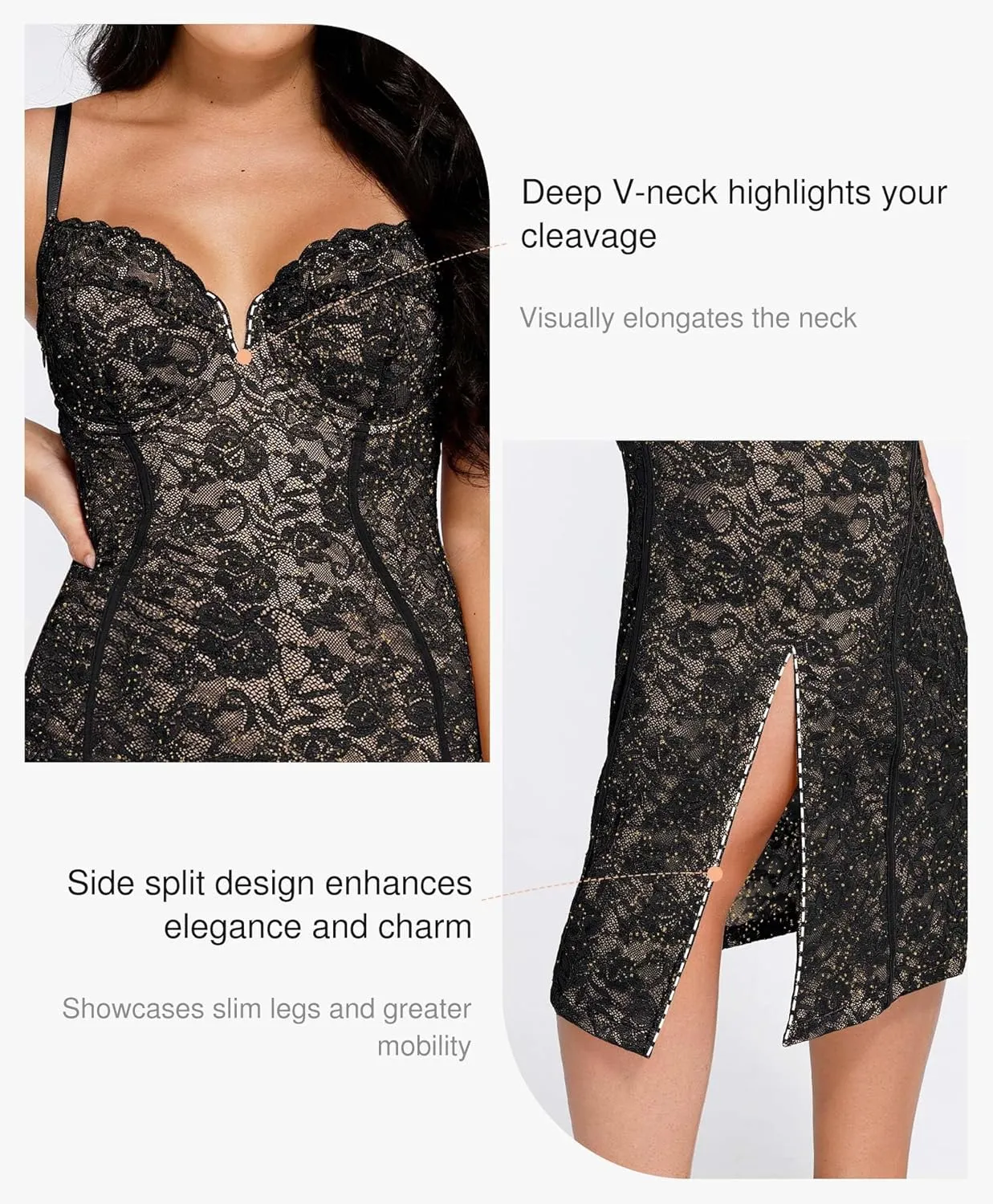 Popilush Lace Cocktail Dresses for Women - Formal Party Corset Shapewear Dress Deep V Neck Midi Dress with Side Slit