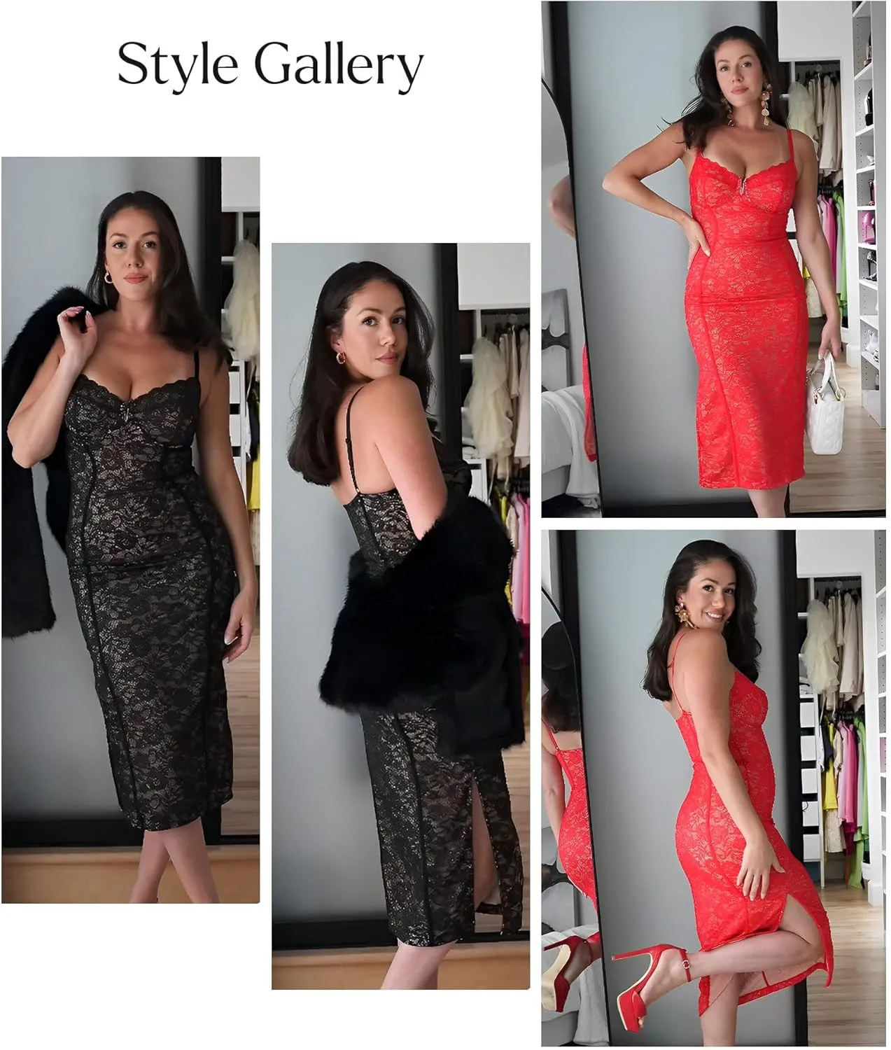Popilush Lace Cocktail Dresses for Women - Formal Party Corset Shapewear Dress Deep V Neck Midi Dress with Side Slit