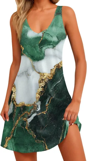 Summer Dresses for Women Sleeveless V Neck Swimsuit Coverup 2025 Casual Dress with Pocket Printed Vacation Sundress
