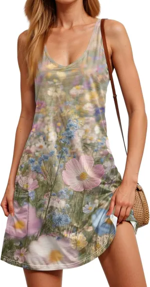 Summer Dresses for Women V Neck Casual Sundress 2025 Printed Swimsuit Coverup Sleeveless Beach Dress with Pocket