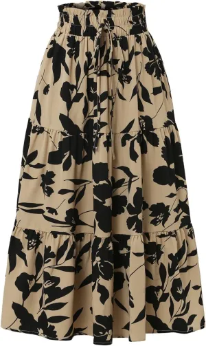 Summer Midi Skirts for Women Fashion Floral Print Elastic High Waist Ruffle Hem Skirt Casual Flowy Color Block Skirt