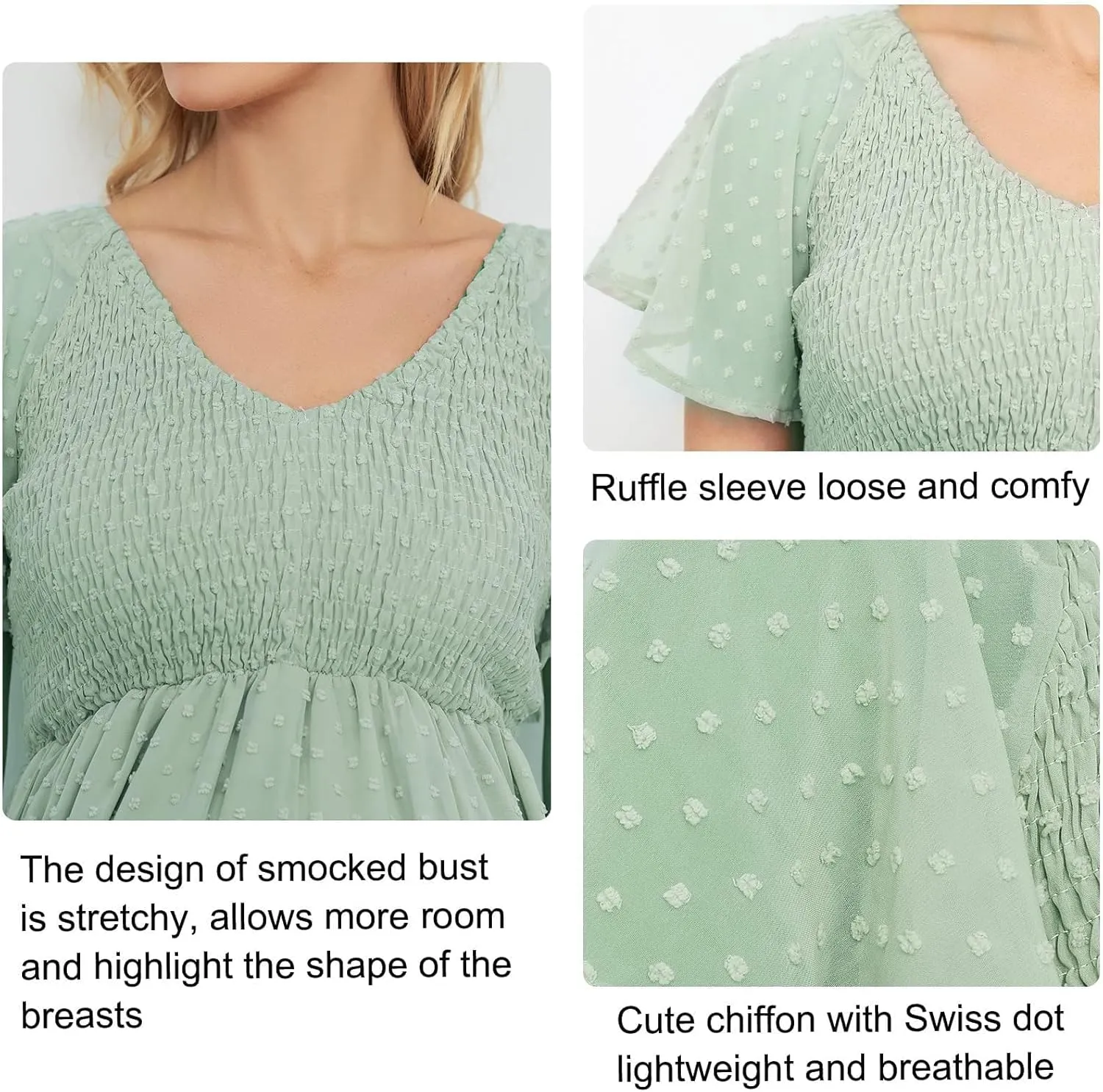 Swiss Dot Smocked Maternity Dress for Baby Shower Photoshoot Casual V Neck Ruffle Sleeve Empire Waist Tiered Boho Dress