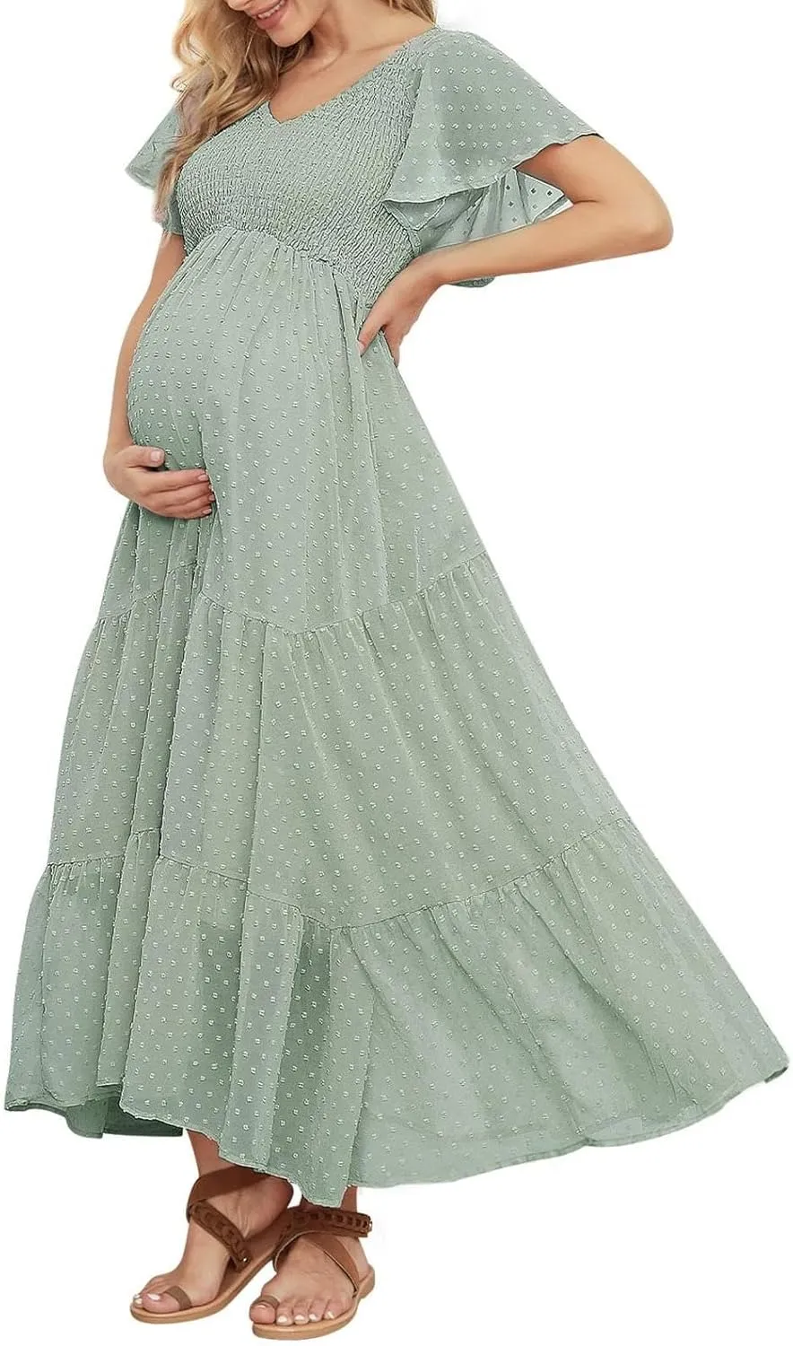 Swiss Dot Smocked Maternity Dress for Baby Shower Photoshoot Casual V Neck Ruffle Sleeve Empire Waist Tiered Boho Dress