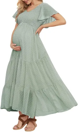 Swiss Dot Smocked Maternity Dress for Baby Shower Photoshoot Casual V Neck Ruffle Sleeve Empire Waist Tiered Boho Dress