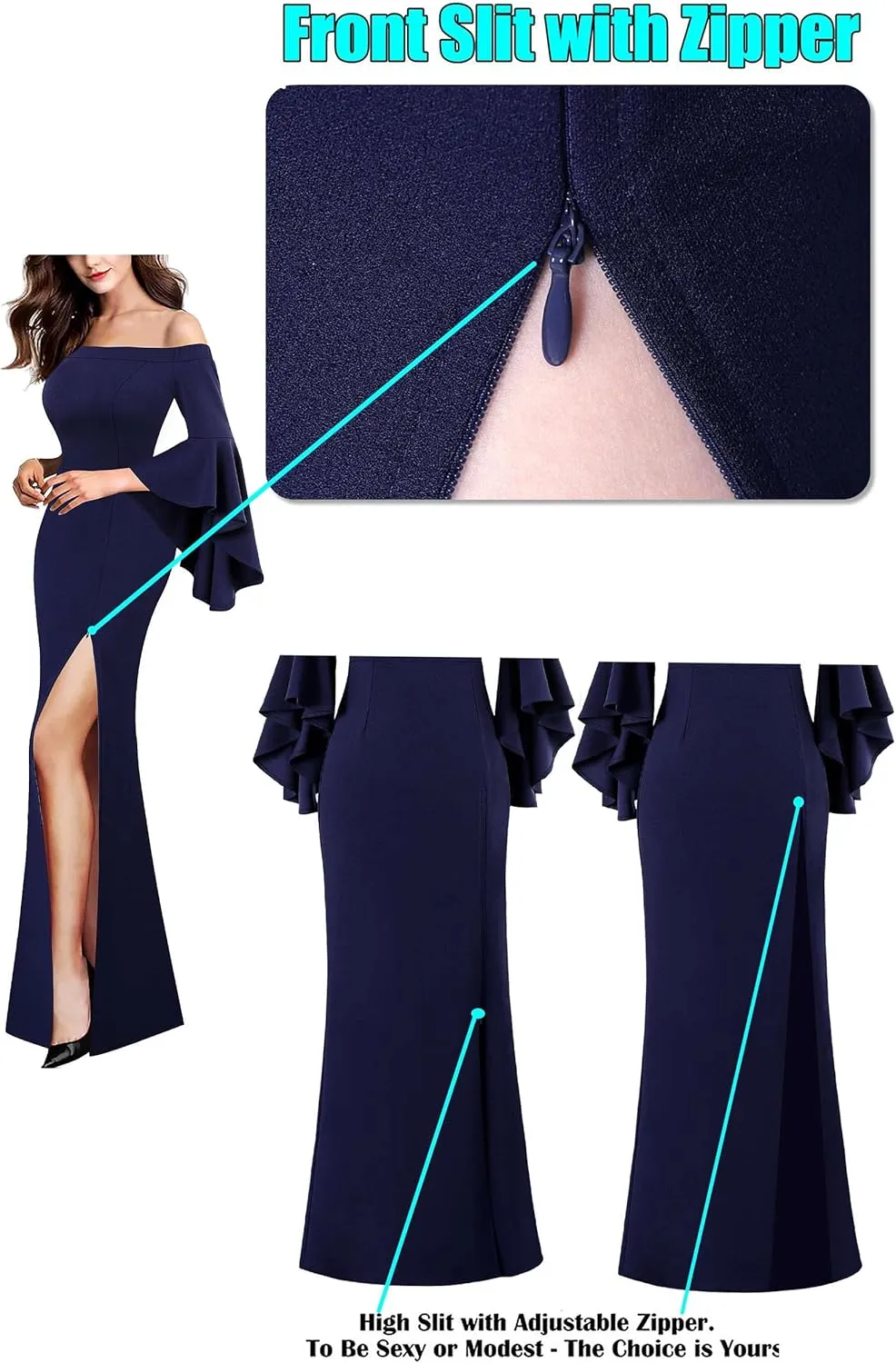 VFSHOW Womens Off Shoulder Bell Sleeve Formal Evening Wedding Party Maxi Dress