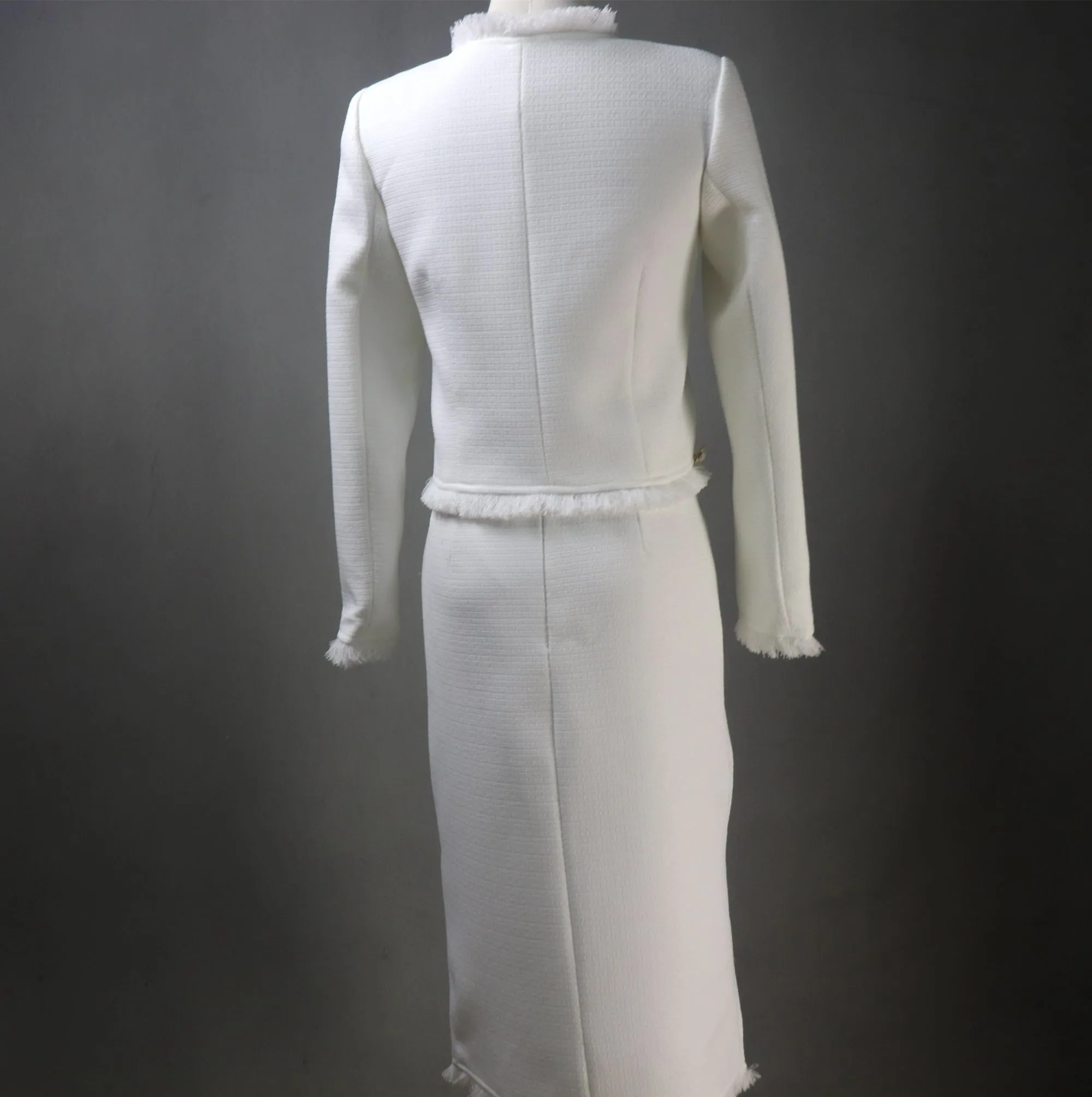 White Asymmetric Skirt Tweed Suit with Big Pearls